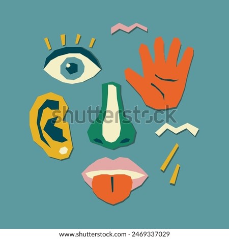 The five human senses. Collage of a human face from pieces of cut paper.Vector stock illustration.