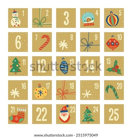 Advent calendar cut out of colored paper children's crafts. New Year and Christmas. Vector stock illustration.