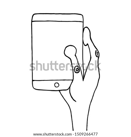 The aliens three-fingered hand holds the phone. Line art. Illustration on white background for design concept. Simple vector illustration. Newcomers Holding a Touchscreen Tablet. Isolated