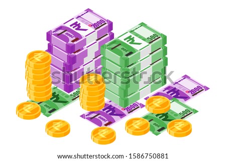 Bundle of Indian Rupee INR banknotes money and gold coin vector isometric design. India currency, business, finance and Payment element. Can be used for web, mobile, infographic, and print.