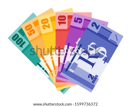 Fan Shaped Stack of Brazilian Real Banknotes in various value money vector icon logo and design. Brazil business, payment and finance element. Can be used for web, mobile, infographic, and print.