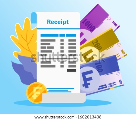 Shopping or Market Receipt Payment with Swiss Franc Money vector illustration flat design. Payment and finance element.  Can be used for web and mobile, infographic and print.