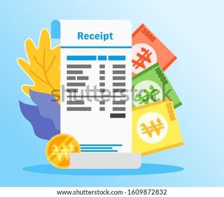 Shopping or Market Receipt Payment with South Korean Won Money vector illustration flat design. Payment and finance element.  Can be used for web and mobile, infographic and print.