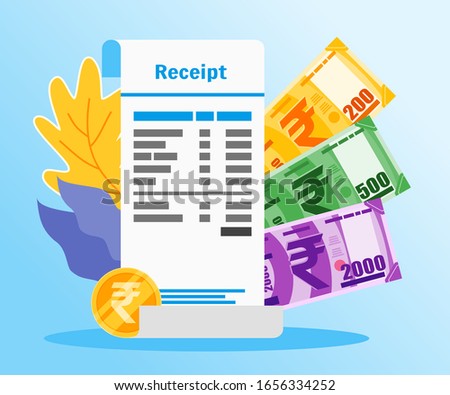 Shopping or Market Receipt Payment with Indian Rupee Money vector illustration flat design. Payment and finance element.  Can be used for web and mobile, infographic and print.