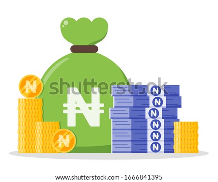Nigerian Naira money bundle and coin stack sack bag vector icon logo and design. Nigeria Currency business, payment and finance element. Can be used for web, mobile, infographic & print.