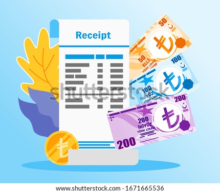Shopping or Market Receipt Payment with Turkish Lira Money vector illustration flat design. Turkey Payment and finance element. Can be used for web and mobile, infographic and print.
