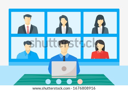 Online Virtual Meetings, Work from Home WFH During Coronavirus COVID-19 Pandemic Outbreak. Teleconference TV Video Conference Webinars or Remote Working. Enterprise Web Cloud Service Software Concept ストックフォト © 