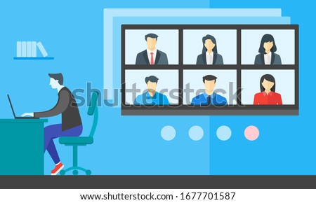 Online Virtual Meetings, Work from Home WFH During Coronavirus COVID-19 Pandemic Outbreak. Teleconference TV Video Conference Webinars or Remote Working. Enterprise Web Cloud Service Software Concept