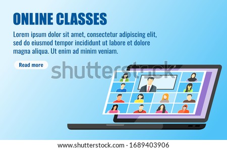 Online Classes Post Story Notice Infographic Template. Stay School Learn Study from Home via Teleconference or Web Video Conference Call Display Screen TV. Emergency School, College & Course Closure
