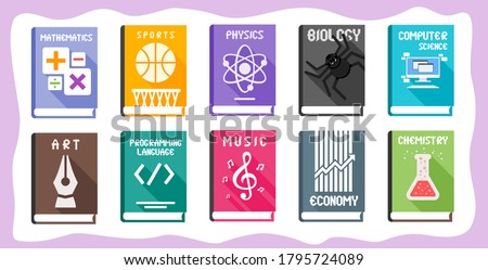 School Subject Textbooks Set with Illustrative Cover. Library & Reading Material Element. Math, Sport, Physic, Biology, Computer Science, Art, Programming Language, Music, Economy & Chemistry Book