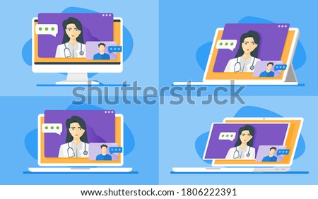 Online Virtual Consultation, Male Patient Consult to Female Doctor about his Medical Condition via internet. Available in White Desktop PC, Tablet and Laptop Chat Conference Display Screen. 