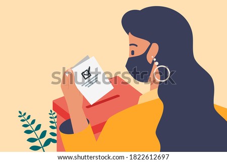Young Woman with Face Mask Putting Vote Paper into Election Box for General Regional or Presidential Election During Pandemic. Flat Design Cartoon Style Vector Illustration 商業照片 © 
