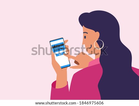 Smiling Young Woman Buying Online Shop with Mobile Bank Credit Card Apps. E-wallet and Internet Payment Flat Vector Cartoon Design. Hand Tapping Pay Button in Smartphone. Financial Technology Concept.