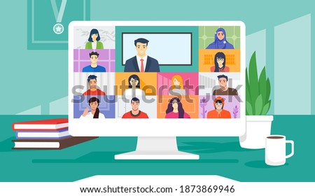 Online School Class. Student Learn Study from home via Teleconference Web Video Conference Call Display on PC Screen with Male Teacher. Virtual Open University, Academy, College Test or Course.