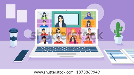 Online School Class. Student Learn Study from home via Teleconference Web Video Conference Call Display on Laptop Screen with Female Teacher. Virtual Open University, Academy, College Test or Course.