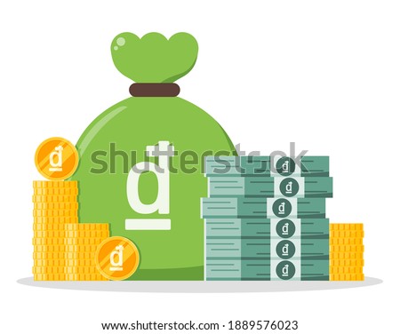 Vietnamese Dong Money Bundle and Coin Stack Sack Bag Vector Icon Logo and Design. Vietnam Currency Business, Payment and Finance Element. Can be used for Digital and Printable Infographic.