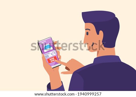 Man Online Booking Hotel, Lodging, Homestay or Vacation Rental by Mobile Phone. Business and Tourism Flat Vector Cartoon Design Illustration. 