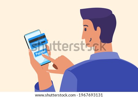 Young Man Using Paylater or Pay Later Feature To Do a Short Term Loan for Purchasing an Item Online in Mobile Phone Apps. Finance and Payment Flat Vector Illustration.