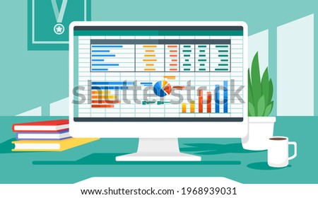 Accounting or Financial Management Software Program on Computer Screen in Office Desk. Business and Finance Flat Vector Illustration.