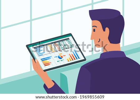 Business Manager or Owner Checking Out Company Data Statistics Growth in Tablet Computer. Financial Flat Vector Illustration. Can be Used for Digital and Printable Infographic
