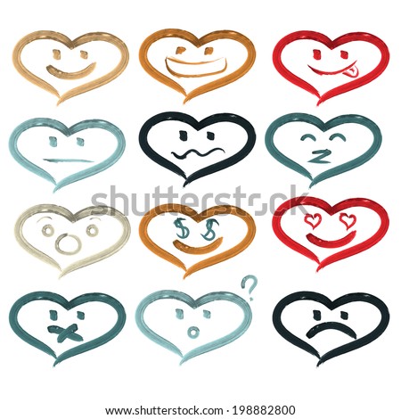 Vector hearts of smiley faces. Handmade watercolor painting. Different emotions.