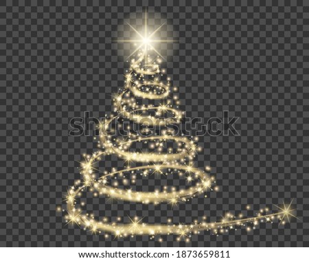 Christmas tree, Golden particle wave in form of christmas tree with bright shining and glowind particles isolated on transparent background. Glitter bright trail, glowing wave vector illustration