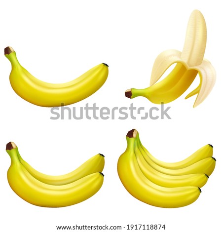 Banana set. Whole, half and peeled banana, bunch of bananas  isolated on white background, 3d vector realistic illustration bananas.