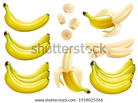 Banana set. Whole, half and peeled banana, bunch of bananas and slices of banana isolated on white background, 3d vector realistic illustration bananas. 