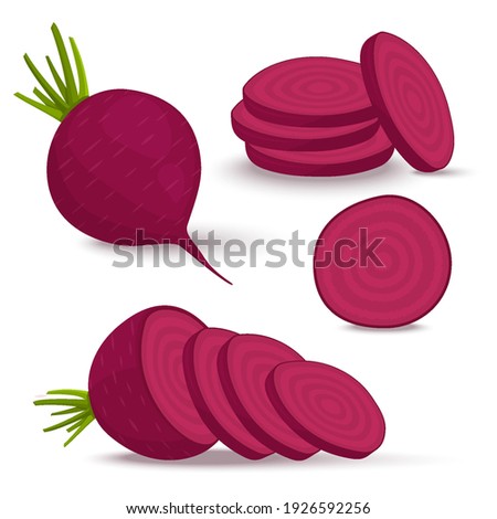 Vector beets on a white background in a flat style. Cut the whole red beets into halves and wedges. A set of fresh beets of different shapes.
