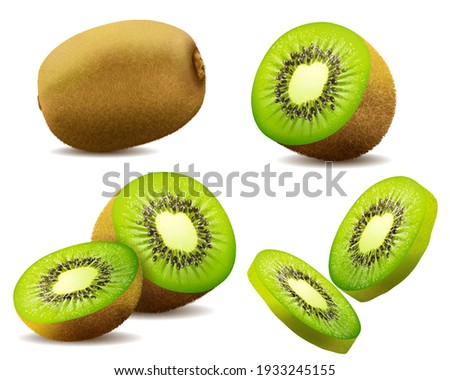 Realistic 3d  kiwi. Juicy exotic whole fruit, half and slice . Fresh organic food for healthy eating. Ripe tropical berry for sweet dessert. vector design.