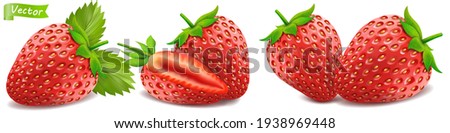 Whole strawberry and sliced half strawberry. Set of fresh red ripe mellow berry on white background. Realistic 3d isolated vector illustration