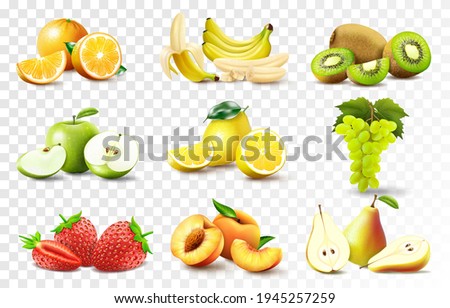 Set of 3d realistic juicy fruits apple, banana, orange, lemon, grapes., peach, strawberry, pear, kiwi. Whole and halved fruits, fruit wedges. High quality vector image isolated on transparent backgrou