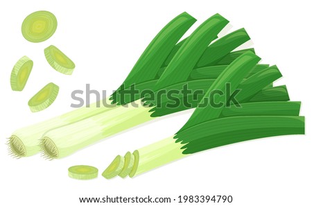 Leek set in flat cartoon style. Single whole and group vegetables with cuts. Flying leeks cuts. Farm fresh products. Organic healthy food. Vector illustrations collection isolated on white background.