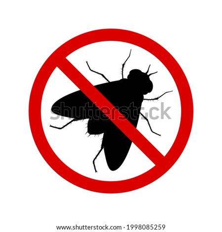 No fly with ban sign. Anti fly pest control ban, prohibition parasitic insects silhouette vector. Stop fly insects vector icon, symbol