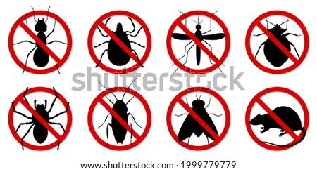 Stop insects. Сockroaches, spiders, fly,mite, ticks, mosquitoes, ants, rats, bug silhouettes.  Warning prohibited sign, anti insect vector icons