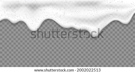 Bath foam or Beer foam realistic 3D vector illustration, isolated on transparent background. White soap suds with rainbow air bubbles, shampoo bubbles or foaming detergent texture, frame or border for Foto stock © 