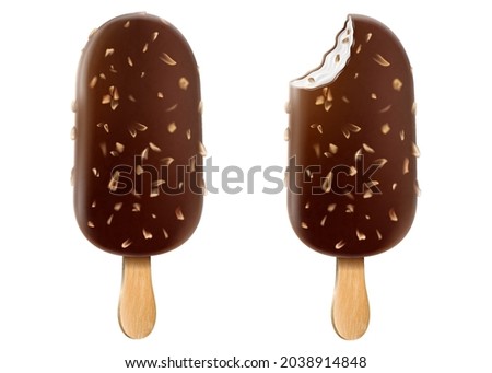 Ice cream with chocolate glaze and nuts on a stick. Brown whole and bitten chocolate ice cream popsicle with peanuts isolated on white background Realistic 3D vector food posters and summer banners.