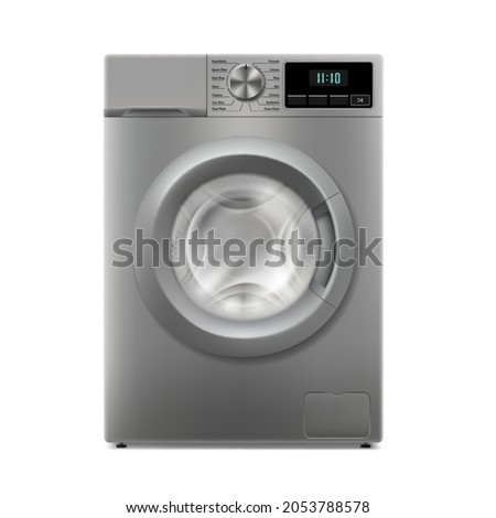 Washing machine isolated on white background. Front view, close-up. 3d realistic washing machine. The door opened. Home electronic device, household appliances for washing clothes at home. Silver auto