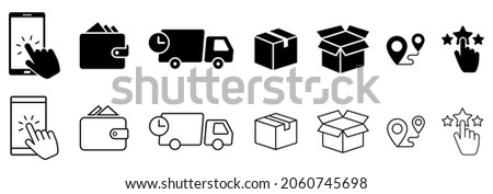 Click and collect order, vector icons set, online order, delivery truck, delivery service steps, pick up order at pickup point, payment, rating icon, rating review, flat illustration