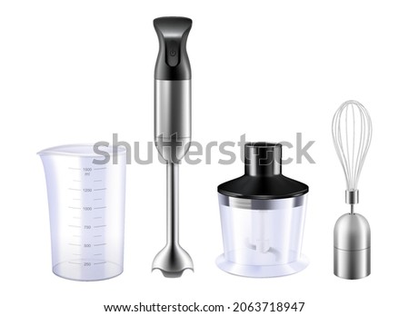 Blender, Food Processor And Whisk Tools Set Vector. Immersion Blender Measuring Cup And Container With Cut Sharp Blade. Chef Electronic Appliance For Cooking Template Realistic 3d Illustrations