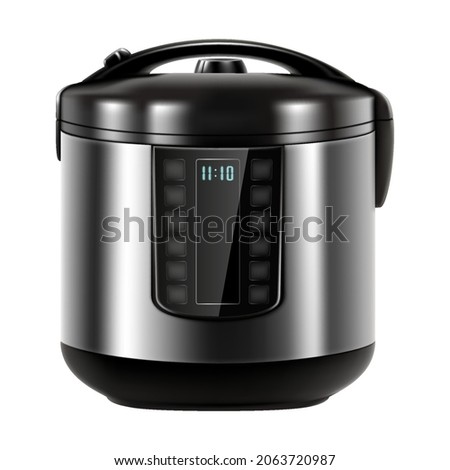 Automatic multi cooker and pressure cooker, isolated on White Background. Front View Modern Stainless Steel. Saute and Steamer. Electric Domestic Home and Kitchen Appliances. Realistic 3d vector
