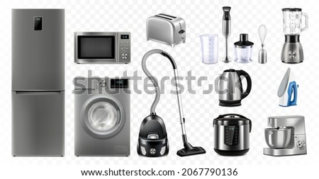 A set of household appliances: microwave oven, washing machine, refrigerator, vacuum cleaner, multicooker, food processor, blender, iron, juicer blender, toaster. Realistic 3D vector, isolated illustr