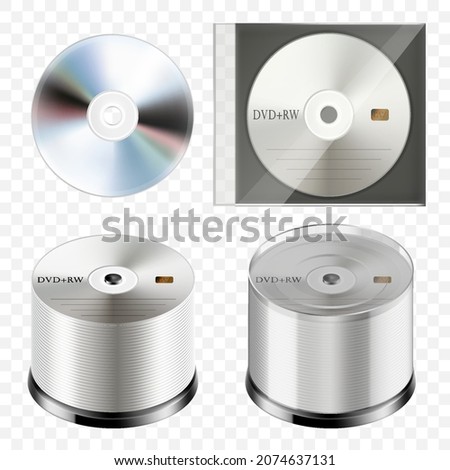 Stack of CDs isolated on a white background. Pile of CDs, compact disc tower, many DVDs, heap of digital versatile discs. Vector 3d realistic Illustration