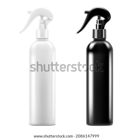 Bottles with atomizer. Mock up bottles cosmetic or medical vial, flask, falcon. Plastic spray bottles, black and white colour, realistic 3d vector illustration, Isolated On White Background.