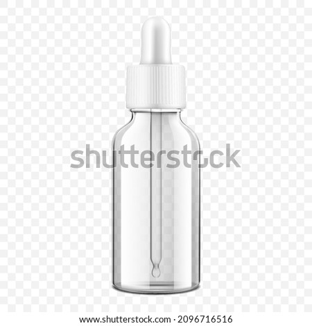 Clear glass dropper bottle, isolated on transparent background. Medical containers, Realistic packaging mockup template. 3d Vector illustration.