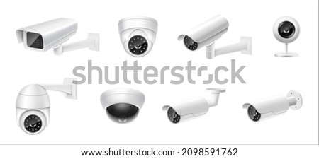 Closed circuit television cameras realistic set. External cctv. Surveillance equipment. Security monitoring system for smart home, company. Vector realistic cctv isolated on white background.