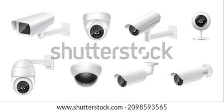 Closed circuit television cameras realistic set. External cctv. Surveillance equipment. Security monitoring system for smart home, company. Vector realistic cctv isolated on white background.