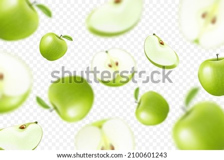 Flying juicy apples, seamless pattern background with a whole and sliced fruits with leaves. Falling green apples with blurred effect. Realistic 3D vector, isolated on transparent background.