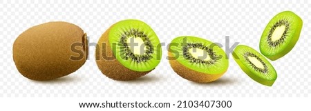 Kiwi fruit. Whole, half and pieces. Sweet fruit. 3d vector icons set. Realistic illustration, isolated on white background.