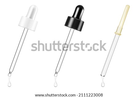 Pipette mockups for dropper bottle isolated on white background. Vector illustration. Front view. Сan be used for cosmetic, medical and other needs. Realistic 3d icons, isolated on white background